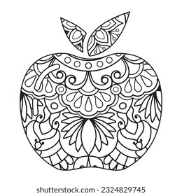 Mandala floral pattern made in Mehndi style in form of apple fruit. Apple mandala. Apple Mandala coloring page.