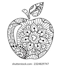 Mandala floral pattern made in Mehndi style in form of apple fruit. Apple mandala. Apple Mandala coloring page.