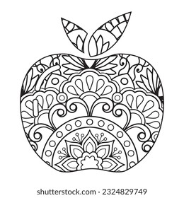 Patrón floral Mandala hecho al estilo Mehndi en forma de manzana. Mandala de Apple. Página de coloreado de Apple Mandala.