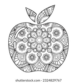 Mandala floral pattern made in Mehndi style in form of apple fruit. Apple mandala. Apple Mandala coloring page.