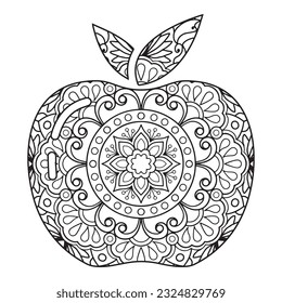 Mandala floral pattern made in Mehndi style in form of apple fruit. Apple mandala. Apple Mandala coloring page.