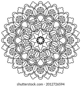 Mandala with a floral pattern on a white background. Decorative isolated element for design. Anti-stress coloring book for children and adults