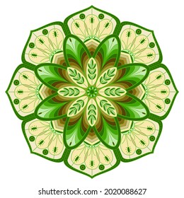 Mandala mit Blumenmuster auf weißem Hintergrund. Ein farbenprächtiges Dekorelement für die Gestaltung von Druckerzeugnissen