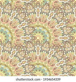 Mandala floral seamless ornament. Asian folk vector graphic design. Tangle coachella fractal flower seamless pattern. Interior decoration print.