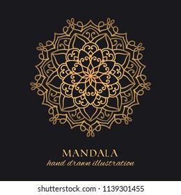 Mandala floral star vector ornament luxury design. Golden round element on black background. Hand drawn template for premium prints and decor