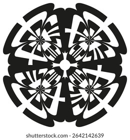Mandala floral symbol. Kaleidoscope black shape. Abstract symmetry form. Vector complex element.