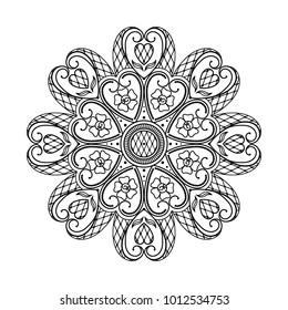 Mandala flower anti-stress, hand drawn round ornament. Monochrome  black on a white background. Fashion motif can be used to print on the phone, tattoo, for paper, textile, cloth fabric print. 