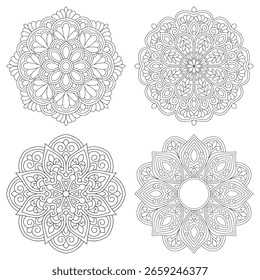 Paquete de flores de mandala, páginas de libro para colorear, archivo de Vector, conjunto para Henna, Mehndi, tatuaje, decoración. Adorno decorativo en estilo étnico oriental. Paquete de página de libro para colorear