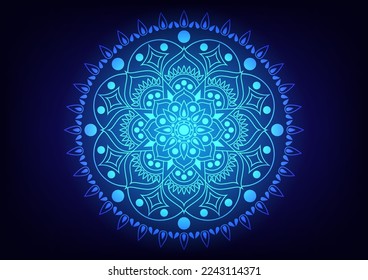 Mandala flower. Circle center light blue neon background. Vintage design.