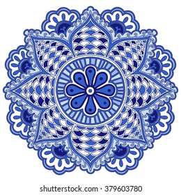 Mandala flower of circular elements. Blue ethnic pattern. Vector illustration. 