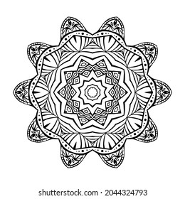 Mandala flower. Circular pattern with many details and geometry elements. Vector illustration for coloring book, tattoo, logo, henna, mehndi