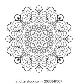 Mandala flower. Circular pattern with many details and geometry elements. Vector illustration for coloring book, tattoo, logo, henna, mehndi