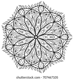 Mandala flower coloring book for adults vector illustration. Anti-stress coloring for adult. Zentangle style. Black and white lines. Lace pattern