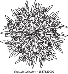 mandala flower daisy leaves branches flowering spring summer lined doodle coloring book page black and white background