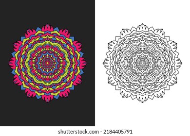 Mandala Decoración de flores, elementos decorativos, patrón oriental, Patrón floral geométrico vectorial, Colores brillantes, Aislado, Ilustración en estilo doodle