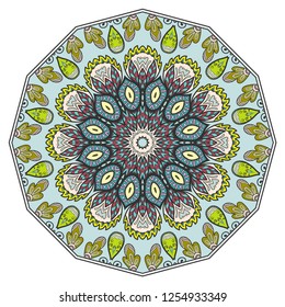 Mandala flower decoration, doodle round ornament, isolated design element on a white background. Vector geometric floral pattern. Tribal ethnic arabic, indian, turkish motif. Colorful abstract art