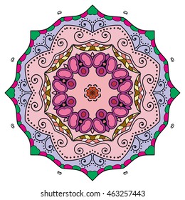 Mandala flower decoration, doodle round ornament, isolated design element on white background. Vector geometric floral pattern. Tribal ethnic arabic, indian, turkish motif