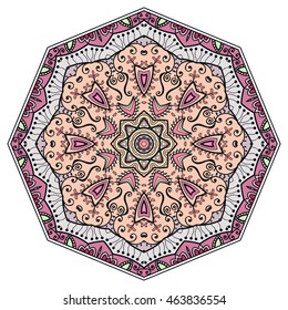 Mandala flower decoration, doodle round ornament, isolated design element on white background. Vector geometric floral pattern. Tribal ethnic arabic, indian, turkish motif