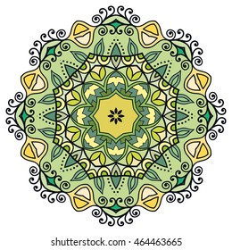 Mandala flower decoration, doodle round ornament, isolated design element on white background. Vector geometric floral pattern. Tribal ethnic arabic, indian, turkish motif