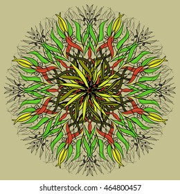 Mandala flower decoration. Doodle round ornament, isolated design element on a green background