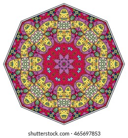 Mandala flower decoration, doodle round ornament, isolated design element on white background. Vector geometric floral pattern. Tribal ethnic arabic, indian, turkish motif
