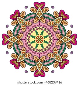Mandala flower decoration, doodle round ornament, isolated design element on white background. Vector geometric floral pattern. Tribal ethnic arabic, indian, turkish motif