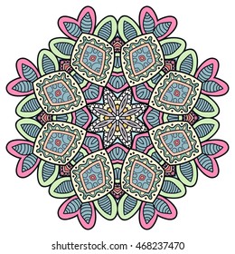Mandala flower decoration, doodle round ornament, isolated design element on white background. Vector geometric floral pattern. Tribal ethnic arabic, indian, turkish motif