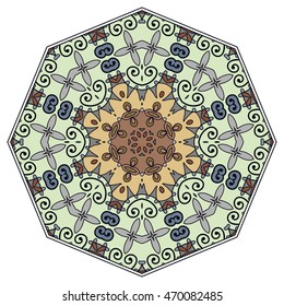 Mandala flower decoration, doodle round ornament, isolated design element on white background. Vector geometric floral pattern. Tribal ethnic arabic, indian, turkish motif