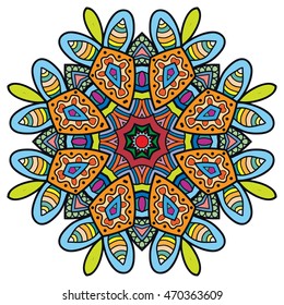 Mandala flower decoration, doodle round ornament, isolated design element on white background. Vector geometric floral pattern. Tribal ethnic arabic, indian, turkish motif