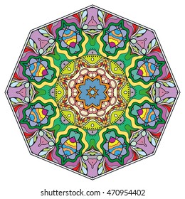Mandala flower decoration, doodle round ornament, isolated design element on white background. Vector geometric floral pattern. Tribal ethnic arabic, indian, turkish motif