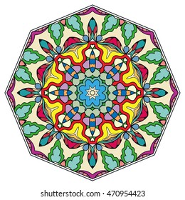 Mandala flower decoration, doodle round ornament, isolated design element on white background. Vector geometric floral pattern. Tribal ethnic arabic, indian, turkish motif