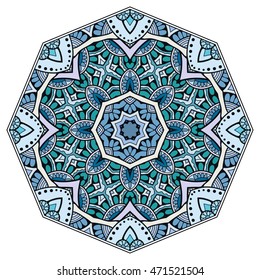 Mandala flower decoration, doodle round ornament, isolated design element on white background. Vector geometric floral pattern. Tribal ethnic arabic, indian, turkish motif