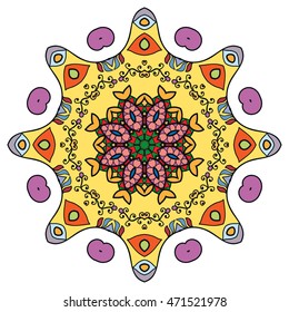 Mandala flower decoration, doodle round ornament, isolated design element on white background. Vector geometric floral pattern. Tribal ethnic arabic, indian, turkish motif