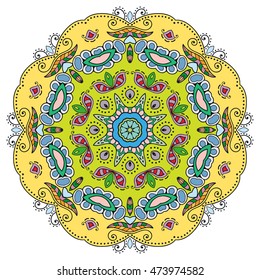 Mandala flower decoration, doodle round ornament, isolated design element on white background. Vector geometric floral pattern. Tribal ethnic arabic, indian, turkish motif