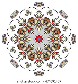 Mandala flower decoration, doodle round ornament, isolated design element on white background. Vector geometric floral pattern. Tribal ethnic arabic, indian, turkish motif