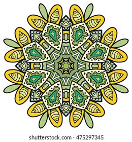 Mandala flower decoration, doodle round ornament, isolated design element on white background. Vector geometric floral pattern. Tribal ethnic arabic, indian, turkish motif