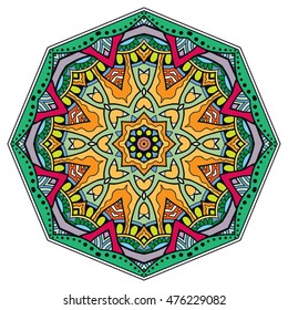 Mandala flower decoration, doodle round ornament, isolated design element on white background. Vector geometric floral pattern. Tribal ethnic arabic, indian, turkish motif
