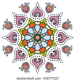 Mandala flower decoration, doodle round ornament, isolated design element on white background. Vector geometric floral pattern. Tribal ethnic arabic, indian, turkish motif