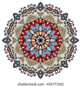 Mandala flower decoration, doodle round ornament, isolated design element on white background. Vector geometric floral pattern. Tribal ethnic arabic, indian, turkish motif