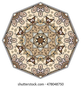 Mandala flower decoration, doodle round ornament, isolated design element on white background. Vector geometric floral pattern. Tribal ethnic arabic, indian, turkish motif