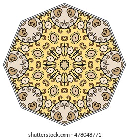 Mandala flower decoration, doodle round ornament, isolated design element on white background. Vector geometric floral pattern. Tribal ethnic arabic, indian, turkish motif