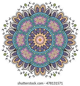 Mandala flower decoration, doodle round ornament, isolated design element on white background. Vector geometric floral pattern. Tribal ethnic arabic, indian, turkish motif