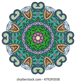 Mandala flower decoration, doodle round ornament, isolated design element on white background. Vector geometric floral pattern. Tribal ethnic arabic, indian, turkish motif
