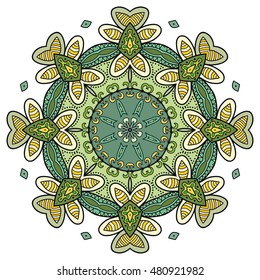 Mandala flower decoration, doodle round ornament, isolated design element on white background. Vector geometric floral pattern. Tribal ethnic arabic, indian, turkish motif