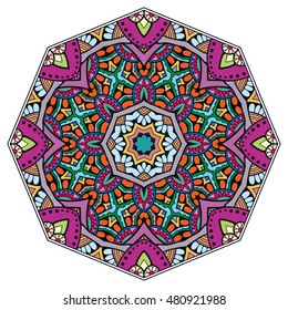 Mandala flower decoration, doodle round ornament, isolated design element on white background. Vector geometric floral pattern. Tribal ethnic arabic, indian, turkish motif