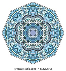 Mandala flower decoration, doodle round ornament, isolated design element on white background. Vector geometric floral pattern. Tribal ethnic arabic, indian, turkish motif