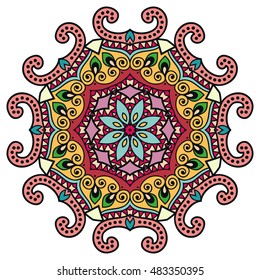 Mandala flower decoration, doodle round ornament, isolated design element on white background. Vector geometric floral pattern. Tribal ethnic arabic, indian, turkish motif
