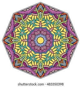Mandala flower decoration, doodle round ornament, isolated design element on white background. Vector geometric floral pattern. Tribal ethnic arabic, indian, turkish motif