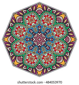 Mandala flower decoration, doodle round ornament, isolated design element on white background. Vector geometric floral pattern. Tribal ethnic arabic, indian, turkish motif