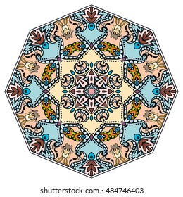 Mandala flower decoration, doodle round ornament, isolated design element on white background. Vector geometric floral pattern. Tribal ethnic arabic, indian, turkish motif